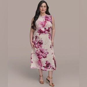 Women's Ribbed Knot Printed Midi A-Line Dress 18W